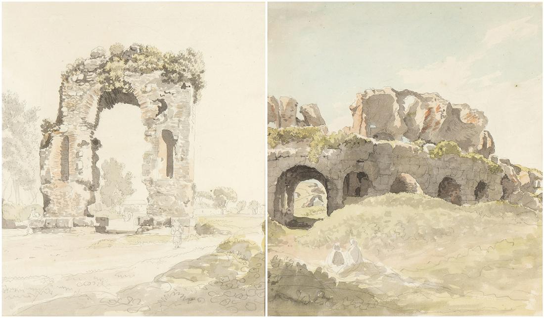 A. Arch of entry to Capua. The design is reduced along: CARLO LABRUZZI (Rome, 1748 - Perugia, 1817) A. Arch of entry to Capua. The design is reduced along the entire left and right margin.B. Amphitheater of Capua from the South. The drawing is reduced alon
