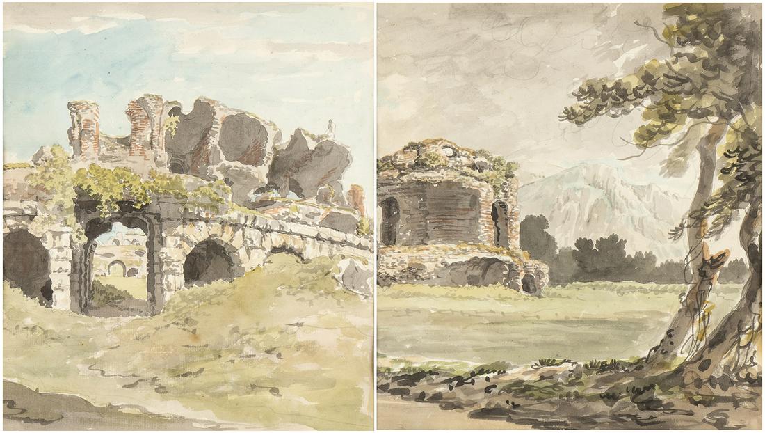 A. Amphitheater of Capua. The drawing is reduced along: CARLO LABRUZZI (Rome, 1748 - Perugia, 1817) A. Amphitheater of Capua. The drawing is reduced along the entire left and right margins.B. Octagonal building of the Terme di Capua A. Watercolor on paper,