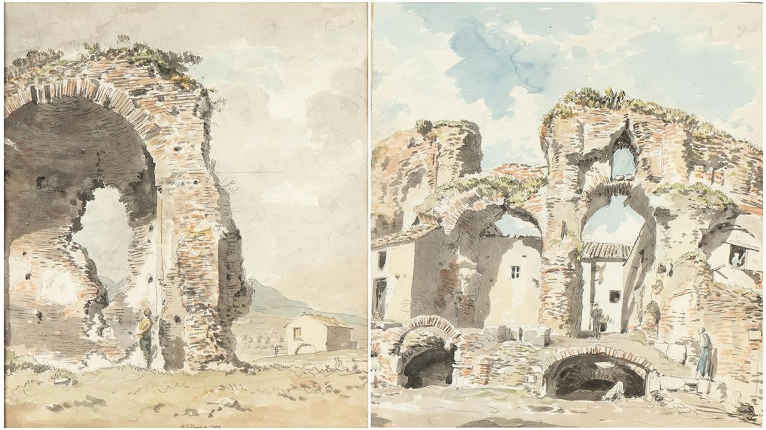 A. Apse of the church of San Marciano in Benevento. The: CARLO LABRUZZI (Rome, 1748 - Perugia, 1817) A. Apse of the church of San Marciano in Benevento.The drawing is reduced along the entire left margin.B. Roman theater of Benevento. The drawing is reduced