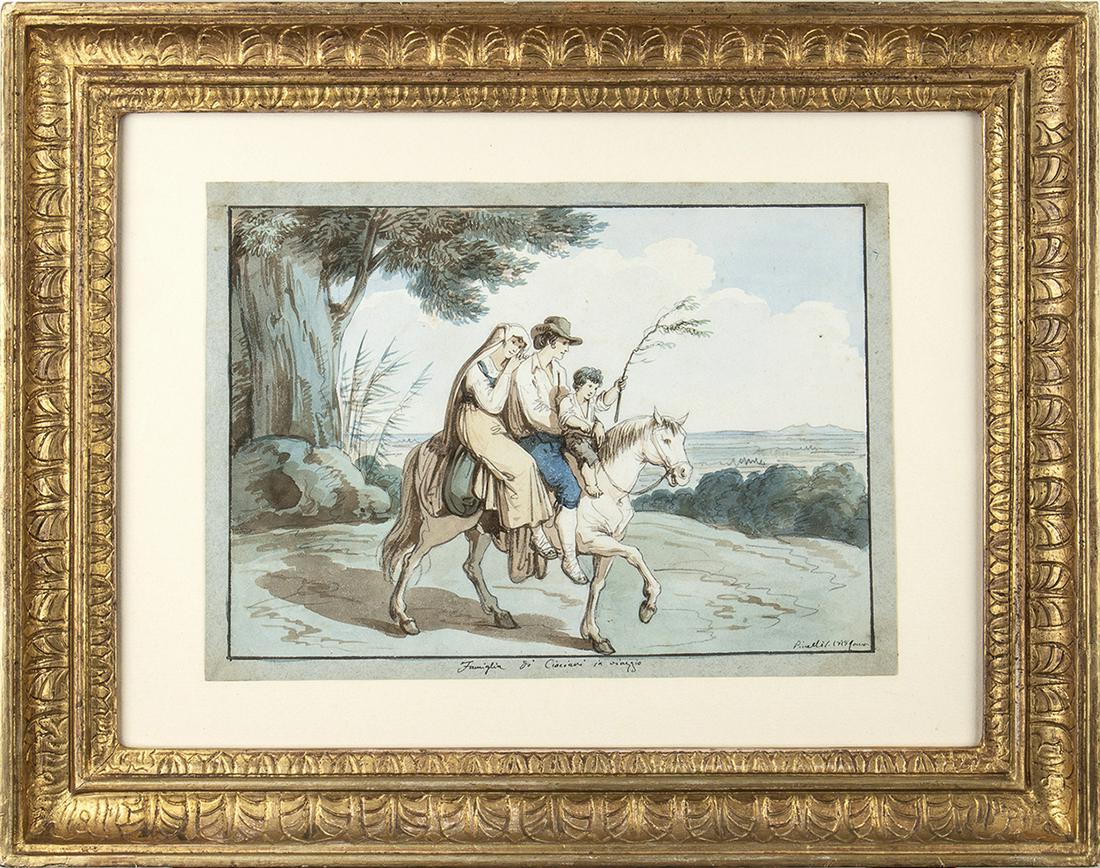 Family of ciociarians travelling: BARTOLOMEO PINELLI (Rome, 1781 - 1835) Family of ciociarians travelling Pencil and watercolour on paper, cm. 22x30,5. Framed Signature and date lower right: "PINELLI B 1818 ROMA". Title lower central: