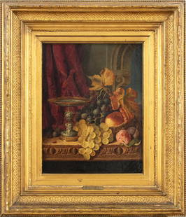 Still life of grapes, peaches and plums on a shelf: EDWARD LADELL, (Colchester, 1821 - Exeter, 1886), ATTRIBUTED TO Still life of grapes, peaches and plums on a shelf Oil on canvas, cm. 46,5x36,5. Framed PROVENANCE: Private collection, Rome.