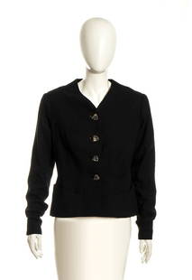 ELSA SCHIAPARELLI WOOL JACKET Late 40s / Early 50s: ELSA SCHIAPARELLI WOOL JACKET Late 40s / Early 50s (couture n°97300 ) black wool jacket, 4 resine paste and rhinestones assemblage buttons (probably by Emilio Terry) General conditions grading B