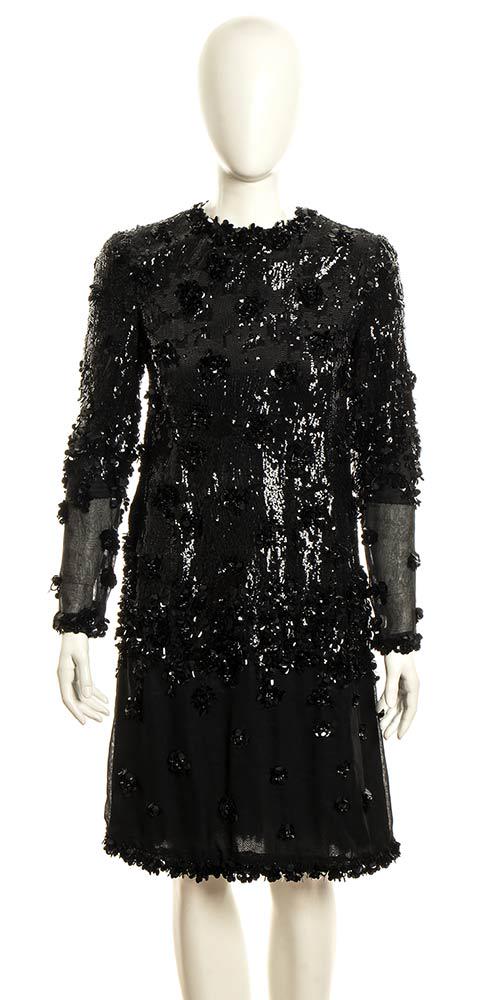 LANCETTI ORGANDY DRESS 1966 ca: LANCETTI ORGANDY DRESS 1966 ca Richly embroiedered with black maxi/little sequins beads black silk organdy dress General conditions grading B