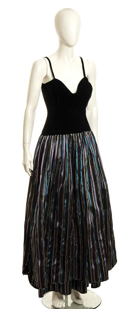 VALENTINO BOUTIQUE EVENING DRESS 80s: VALENTINO BOUTIQUE EVENING DRESS 80s Black velvet bodice striped silk taffeta skirt evening dress General conditions grading C (signs of wear)
