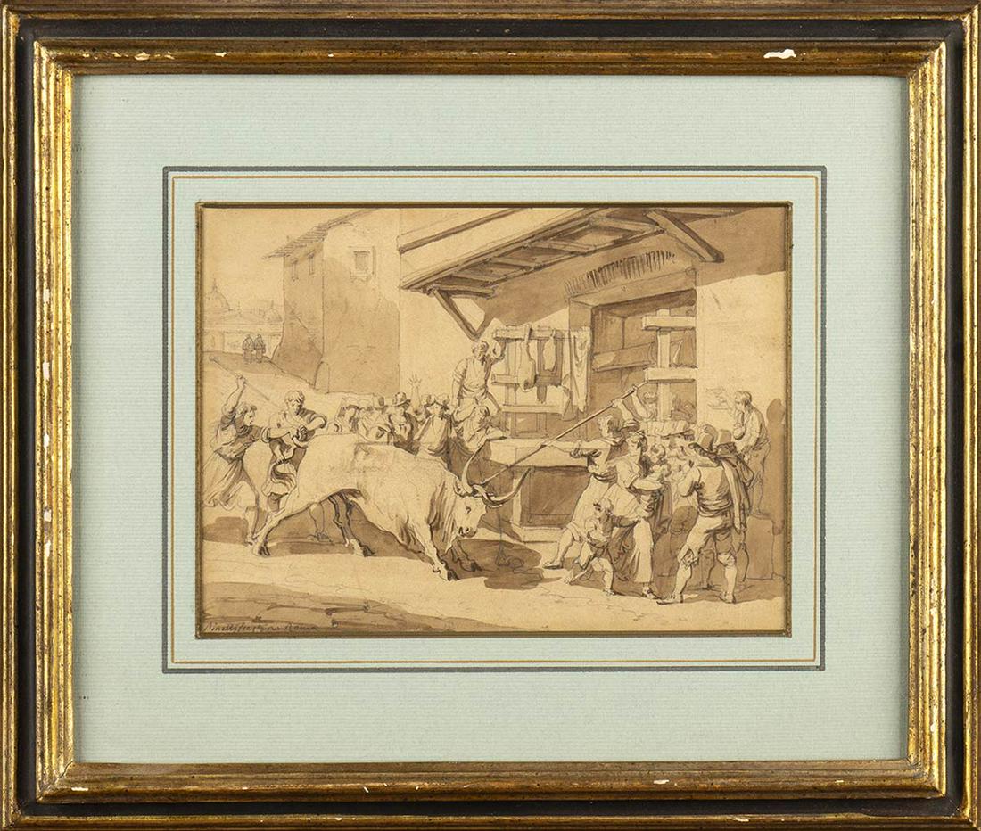 BARTOLOMEO PINELLI (Rome, 1781 - 1835): Bull brought to: Ink and watercolour on paper, cm. 15x20. Framed The drawing bears sign lower left: " PINELLI FECIT IN ROMA".PROVENANCE:private collection, Rome