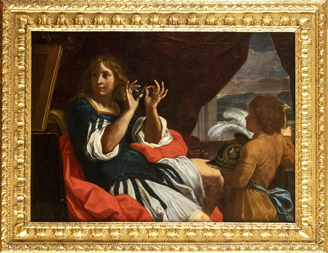 ELISABETTA SIRANI (Bologna, 1638 - 1665) AND GIOVANNI: Oil on canvas, cm. 109x149,5. Framed The painting is accompanied by the expertise of Prof. Massimo Pulini. The present work is accompanied by Export License.Original Bolognese frame in gilded wood.
