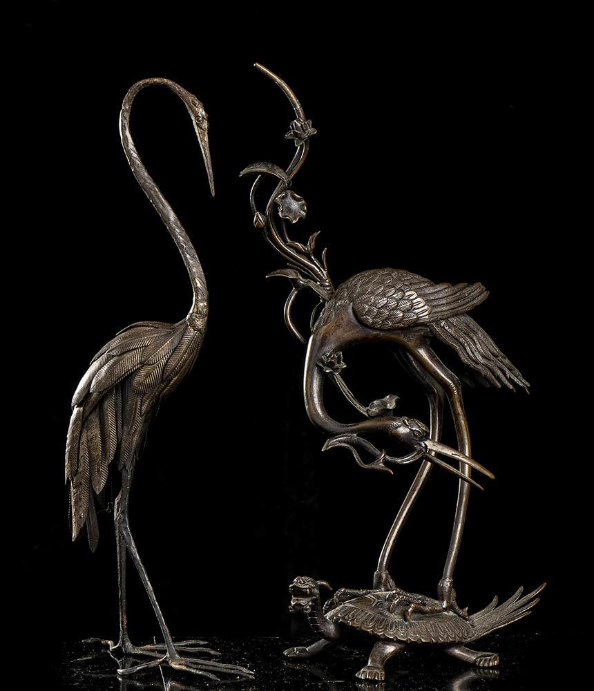 TWO BRONZE CRANES Japan, Meiji period (1 of 3)