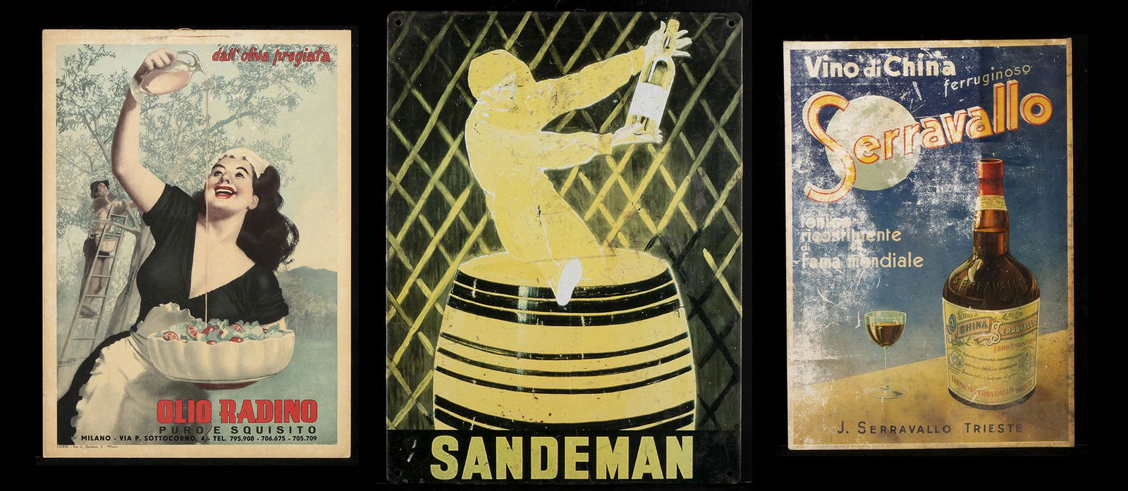 Olio RADINO, SANDEMAN, Vino Serravallo: Posters: OIL RADINO cardboard signed Boccasile 25x35 cm, SANDEMAN liqueur in lithographed tin 30x40 cm, Iron China Wine SERRAVALLO di Trieste cardboard 23x32 cm. Originals, 1930s. Conditions B-C Measures 25x35