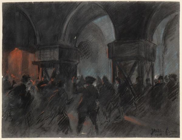 ITALICO BRASS (Gorizia, 1870 - Venice, 1943): Venice,: ITALICO BRASS (Gorizia, 1870 - Venice, 1943) Venice, San Marco Square air-raid shelter, 1916 Charcoal on board, 62 x 48 cm Signed and date on lower right: Italico Brass, 1916”. On the back, â��