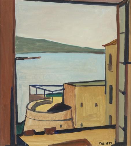 GIULIO TURCATO (Mantova 1912 - Rome 1995): Lake view: GIULIO TURCATO (Mantova 1912 - Rome 1995) Lake view Oil on paper applied on canvas, 50 x 45 cm Signed lower right â€œTurcato” Framed with glass and passepartout