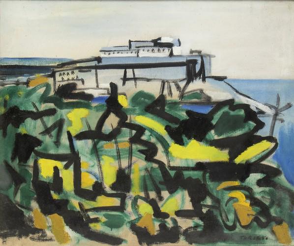 GIULIO TURCATO (Mantova 1912 - Rome 1995): Seascape: GIULIO TURCATO (Mantova 1912 - Rome 1995) Seascape with blue building Oil on canvas, 55 x 66 cm Signed lower right â€œTurcato” Excellent conditions, framed with glass and passepartout