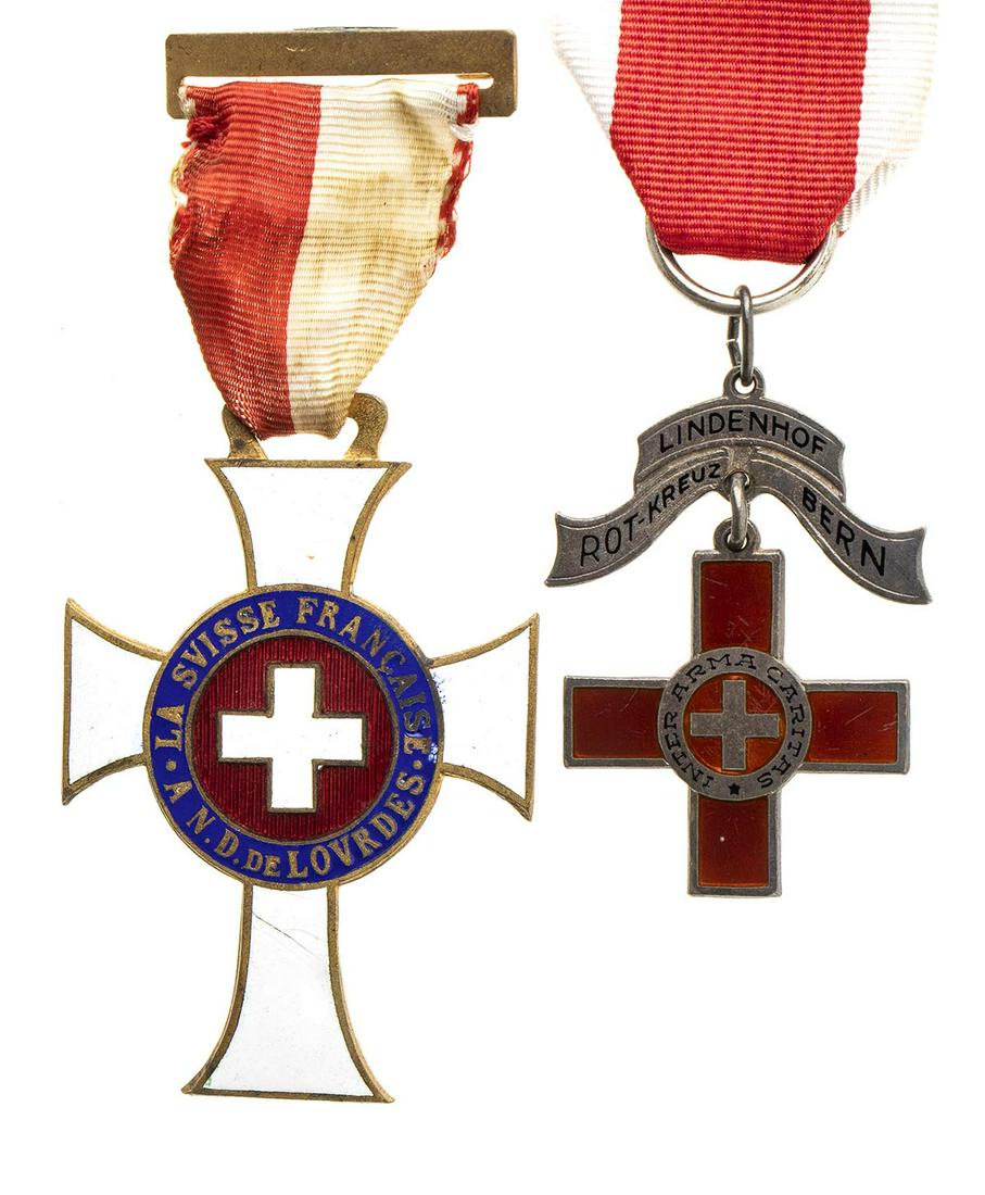 SWITZERLAND TWO CROSS MEDALS  BRONZE, SILVER ENAMELS  ORIGINAL RIBBONS  DAMAGE TO ENAMELS (1 of 1)