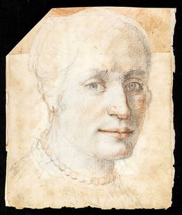 EMILIAN SCHOOL, 17th CENTURY Female portrait: Sanguine on paper, cm. 17,5x15 (irregular edges) PROVENANCE:Private collection, Emilia Romagna.