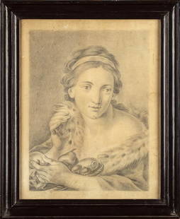 FOLLOWER OF ROSALBA CARRIERA, SECOND HALF OF 18th CENTURY Pair of drawings: a) Maiden with fruit: Charcoal on paper, cm. 42x33. Framed PROVENANCE: Private collection, Rome