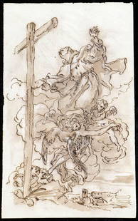 ROMAN SCHOOL, 17th CENTURY The mystical vision of the Cross of a praying Saint: Ink and watercolour on laid and watermarked paper, cm. 21,5x14 PROVENANCE:Private collection, Rome.