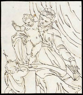 EMILIAN SCHOOL, 17th CENTURY Madonna and Child with Saint John the Baptist: Ink on laid paper, cm. 19,5x17,2 PROVENANCE:Private collection, Rome.