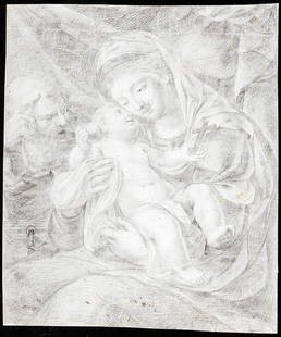 ROMAN SCHOOL, 17th CENTURY Holy Family, Madonna and Child with Saint Joseph: Pencil on laid and watermarked paper, cm. 22,6x19,5 PROVENANCE:Private collection, Rome.