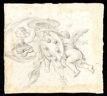 PIER DANDINI (Florence, 1646 - 1712), ATTRIBUTED TO Putti in flight holding the Medici coat of arms: Blach chalk on paper, cm. 24,7x27,3 PROVENANCE:Private collection, Emilia Romagna.