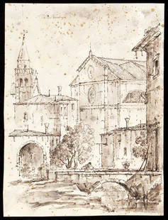 IN THE MANNER OF BERNARDO BELLOTTO Glimpse of a Venetian village with canal, bridge and church in: Ink and watercolour on laid paper, 22x17 cm.