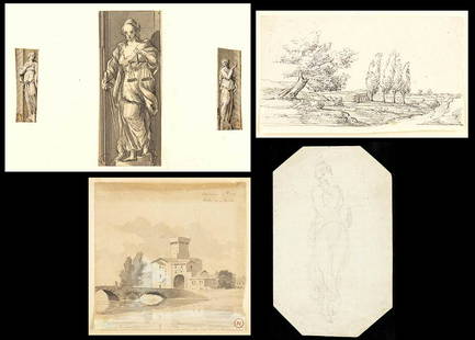 VARIOUS AUTHORS Six separate drawings: a) three small drawings trimmed and mounted on passpartout;: a) Ink, watercolour and white lead on paper, cm. 5x1,5, cm. 10,5x4,5, cm. 5,5x2; b) ink and pencil on paper, cm. 11x19,5 and watercolour on paper, cm. 12,5x12,5 c) pencil on paper, cm. 19x12