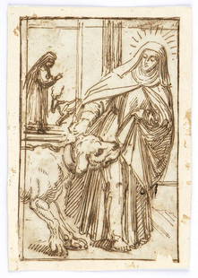 ITALIAN ARTIST, 18tH CENTURY Nun pulls a molossian by the ear: Brown ink on paper, cm. 12,9x9