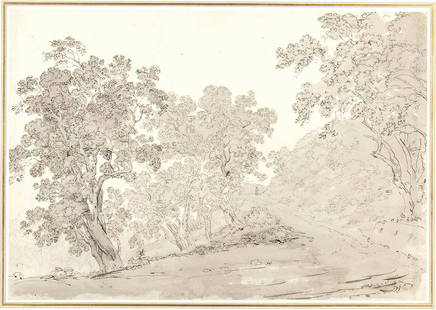 CARLO LABRUZZI (Rome, 1748 - Perugia, 1817), ATTRIBUTED TO Forest path with figure in the background: Ink and watercolour on paper, cm. 36,3x52,5. Framed