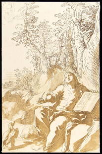 ROMAN SCHOOL, 17th CENTURY Saint John the Evangelist in the desert: Ink and charcoal on laid paper, cm. 38,3x25 PROVENANCE:Private collection, Rome.