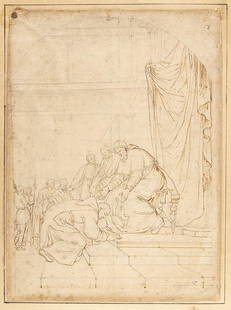 ROMAN SCHOOL, LATE 18th - EARLY 19th CENTURY Monk kneeling before the Pope: Pen and ink on brown laid paper, cm. 29,1x21 PROVENANCE:Private collection, Rome.
