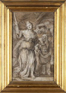 GENOESE SCHOOL, 17th CENTURY Judith with the head of Holofernes escapes from the enemy camp: Ink, white lead and watercolour on paper laid on canvas, cm. 32,5x20,5. Framed