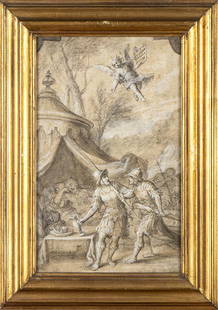 GENOESE SCHOOL, 17th CENTURY Soldiers asleep in a camp: Ink, white lead and watercolour on paper laid on canvas, cm. 36x22,5. Framed