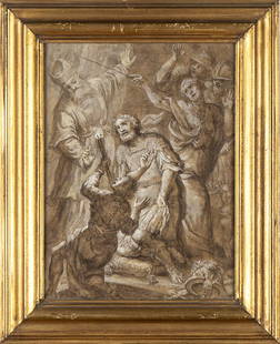 GENOESE SCHOOL, 17th CENTURY Biblical scene with leader kneeling: Ink, white lead and watercolour on paper laid on canvas, cm. 33x24,5. Framed