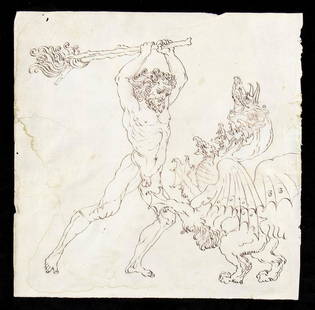 TUSCAN SCHOOL, 16th CENTURY Hercules and the Hydra: Black ink on laid paper with watermark with lily in clypeus and initials "F.S.", cm. 27,2x27. PROVENANCE:Private collection, Emilia Romagna.