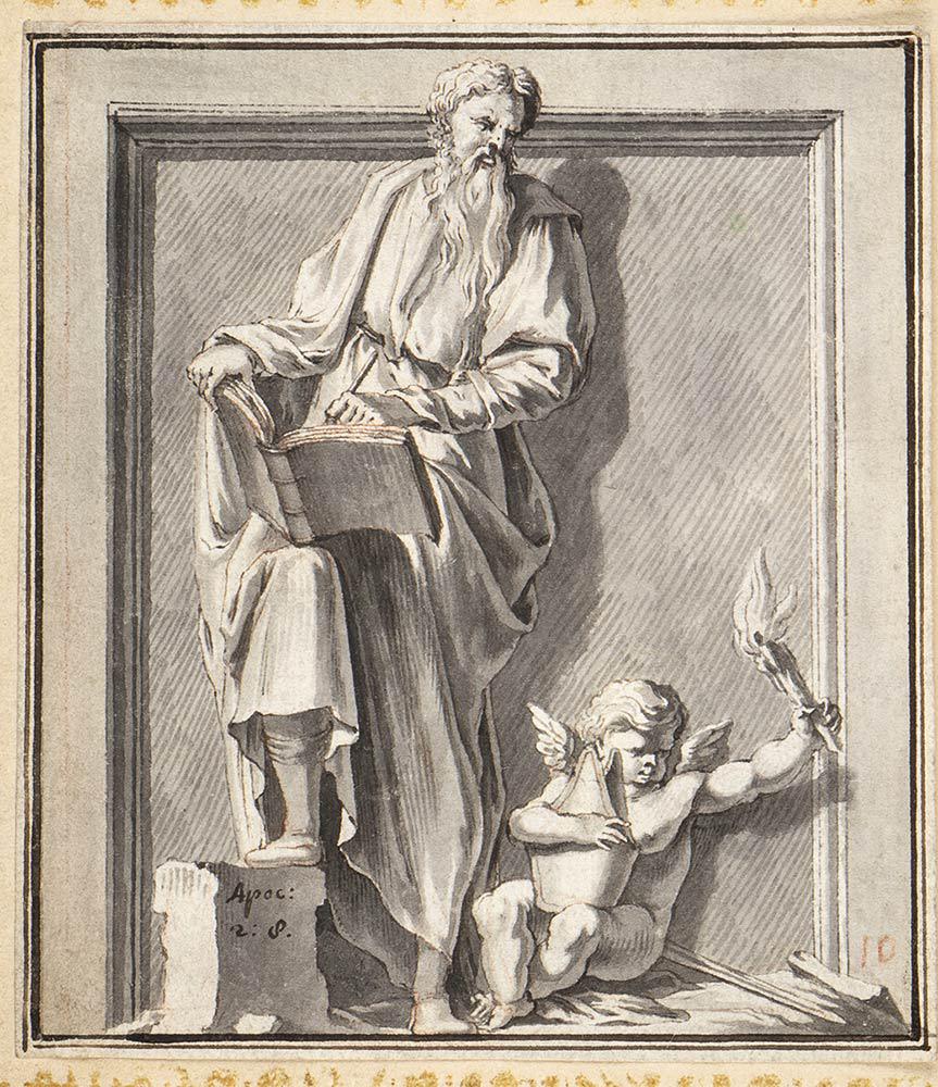 JAN DE BISSCHOP (Amsterdam, 1628 - The Hague, 1671) Saint John the Evangelist: Ink and watercolour on paper applied on cardboard, cm. 12x10,5 The drawing bears an inscription on the pedestal at lower left: "APOC [ALISSE] 2:8". PROVENANCE:Private collection, Rome.