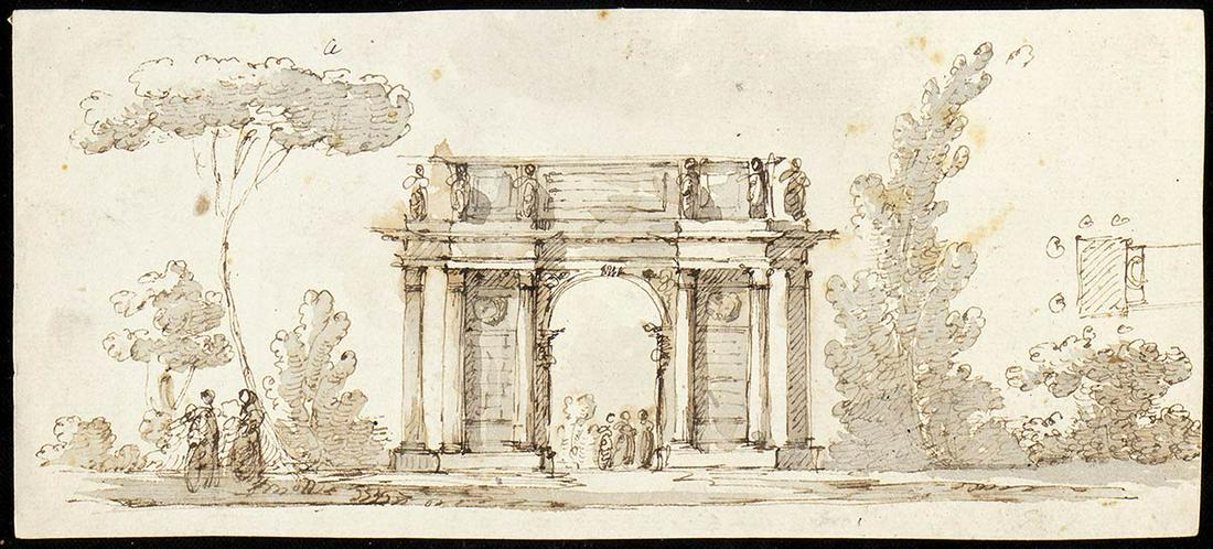 ANDREA APPIANI (Milan, 1754 - 1817), ATTRIBUTED TO Recto: study for a triumphal arch in a park with: Ink and watercolour on laid and watermarked paper, cm. 11x24,5 PROVENANCE:Private collection, central-Italy.