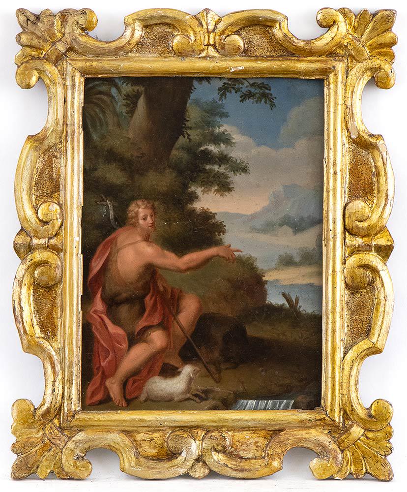 CIRCLE OF ANNIBALE CARRACCI (Bologna, 1560 - Rome, 1609) St John the Baptist on the banks of the: Oil on copper, cm. 33,2x25,5. Framed