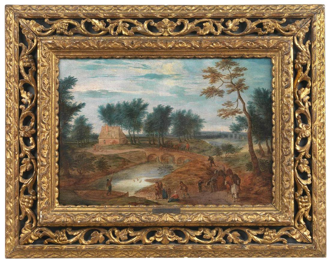 CIRCLE OF JAN BRUEGHEL THE YOUNGER (Antwerp, 1601 - 1678) River landscape with bystanders: Oil on panel, cm. 28,5x40,5. Framed The painting bears traces of a monogram in the lower left and right. On the back is an old inscription "BRUEGEL" and "n.29 / FIAMMINGHI", old inventory labels with
