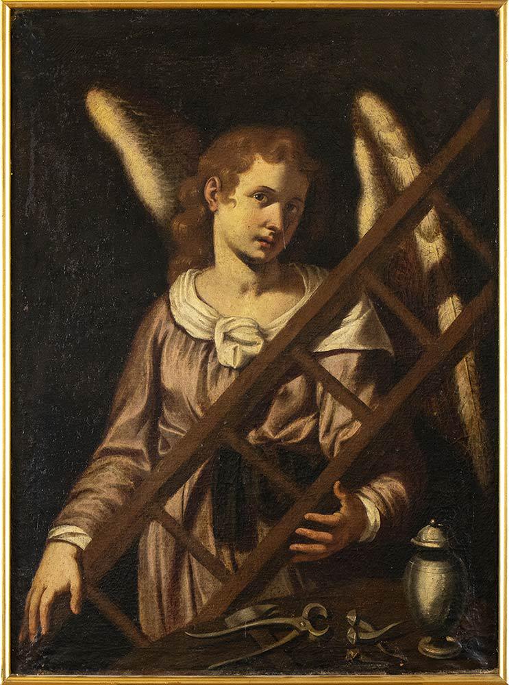 BERNARDO CASTELLO (Genoa, 1557 - 1629) Angel with attributes of the Passion: Oil on canvas, cm. 110x80,5. Framed The painting is accompanied by the Expertise of Prof. Anna Orlando.