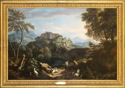 JANS FRANS VAN BLOEMEN CALLED ORIZZONTE (Antwerp,  1662 - Rome, 1749) Fancy Lazio landscape with