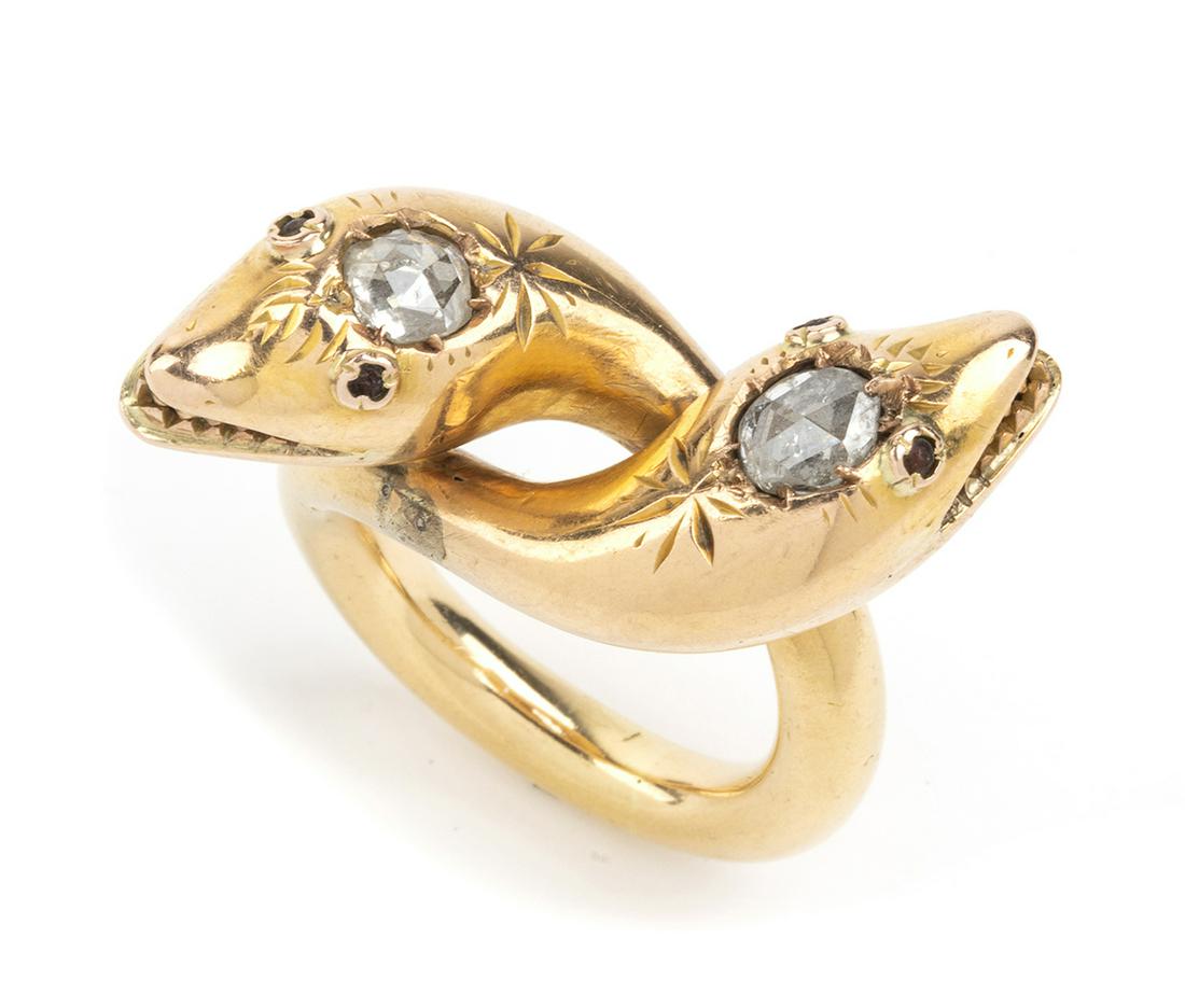 Gold ring with snakes motif and rose-cut diamonds - Late 19th century (1 of 4)