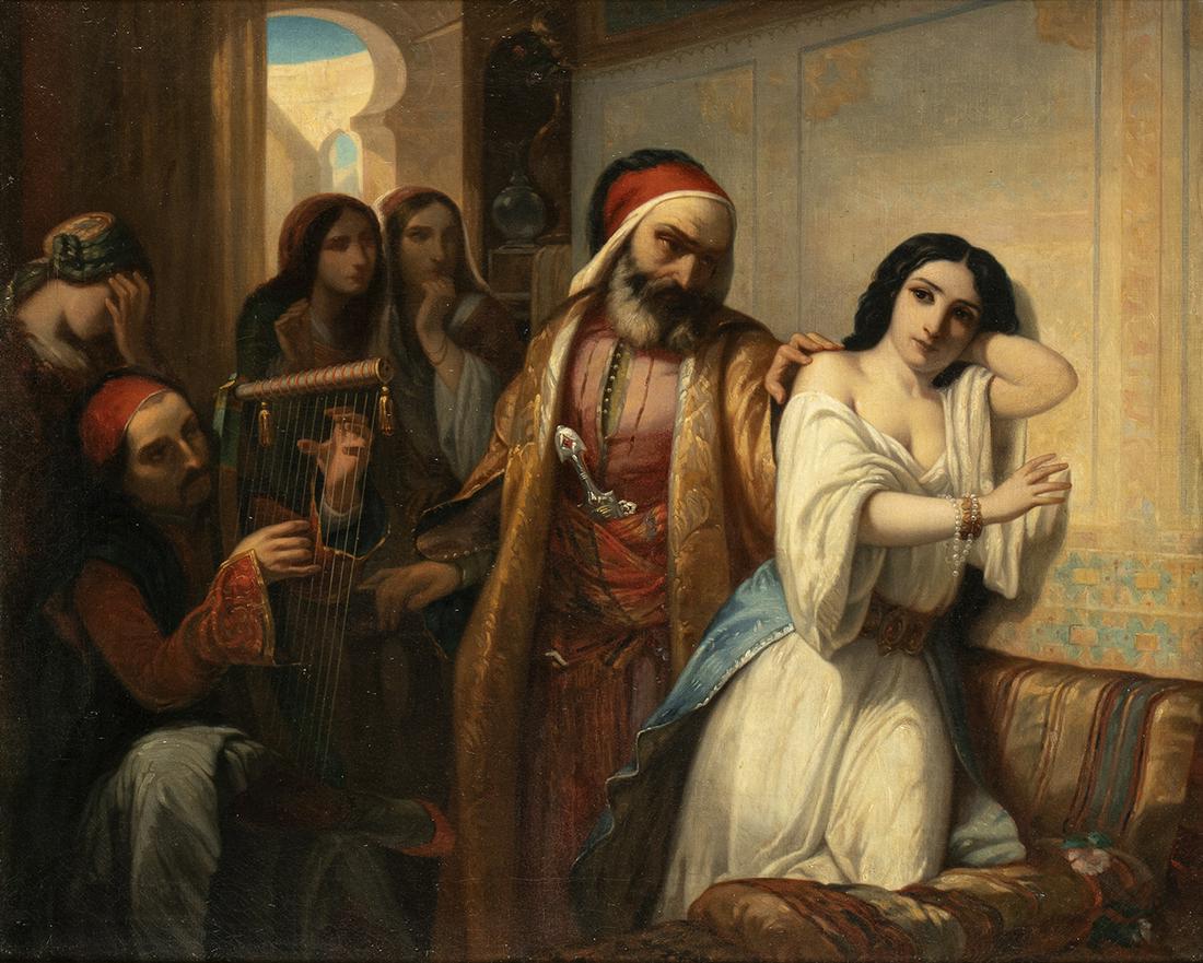 CHARLES LOUIS LUCIEN MÃœLLER (ATTR.) (Paris, 1815 - 1892): HaydeÃ© sold by the Sultan: CHARLES LOUIS LUCIEN MÃœLLER (ATTR.) (Paris, 1815 - 1892) HaydeÃ© sold by the Sultan Oil on canvas, 59,5 x 73,5 cm Partial label on the back Very good condition, framed without glass