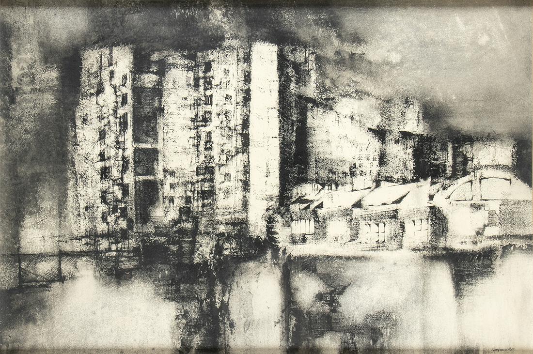 RENZO VESPIGNANI (Rome, 1924 - 2001): Suburbs, 1960: RENZO VESPIGNANI (Rome, 1924 - 2001) Suburbs, 1960 Tempera on paper applied on canvas, 55 x 80 cm Signed lower right: Vespignani, 1960. On the back: label by La Navicella gallery in Viareggio. Excelle