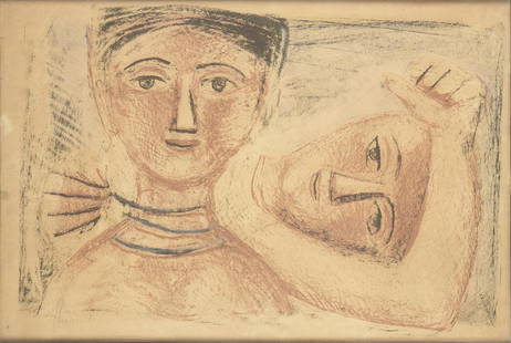 MASSIMO CAMPIGLI (Berlin, 1895 - Saint-Tropez, 1971): Monotype, two women: MASSIMO CAMPIGLI (Berlin, 1895 - Saint-Tropez, 1971) Two women Monotype on paper applied on canvas, 36 x 52 cm Signed lower left: Campigli. On the back: label by gallery San Carlo in Naples, stamp by