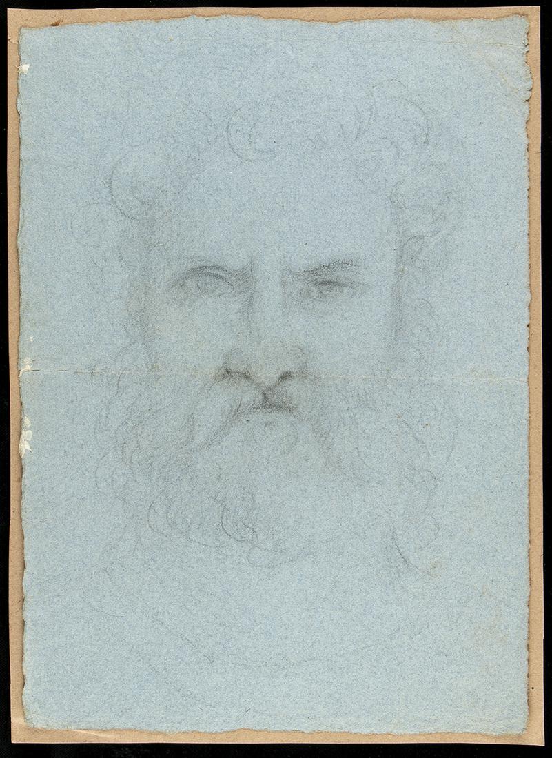 TOMMASO MINARDI (Faenza, 1787 - Rome, 1871), ATTRIBUTED TO: Recto: face of a man with a beard; verso: sketch of a male bust and a right eye Pencil on blue paper, cm. 32.5x23.5 PROVENANCE:Private collection, central-Italy.