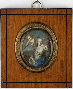 AMBIT OF ROSALBA CARRIERA (Venice, 1673 - 1757): Miniature depicting young gentleman with cupid Tempera on parchment, cm. 6X4,5. Framed..