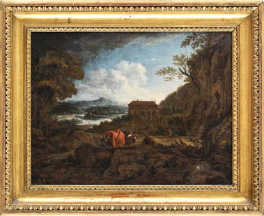 GIOVANNI FRANCESCO GRIMALDI (Bologna, 1606 - Rome, 1680), ATTRIBUTED TO: Roman landscape with travellers, two horses and Villa Madama on the background Oil on canvas, cm. 37,5x49,5. Framed. PROVENANCE:Private collection, Rome.