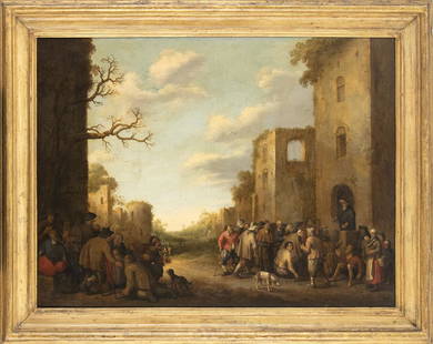 JOOST CORNELISZ DROOCHSLOOT (Utrecht, 1585 - 1666): Scene of daily life in a Flemish village (Feeding the hungry) Oil on canvas, cm. 87,5x115,5. Framed. PROVENANCE:Private collection, Rome.