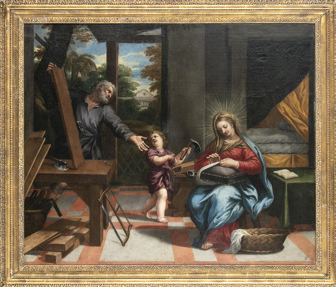 CIRO FERRI (Rome, 1634 - 1689): Holy Family in the workshop of Joseph Oil on canvas, cm. 98,5x118,5. Framed. PROVENANCE:Private collection, Rome.LITERATURE:G. Sestieri, Michele Rocca e la pittura RococÃ² a Roma, s.l. 2004, pp. 30-