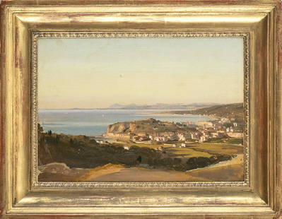 IPPOLITO CAFFI (Belluno, 1809 - Vis, 1866): View of Nice from Villafranca Oil on canvas, cm. 24,5x34. Framed. The work is signed and dated at lower left: "CAFFI / NIZZA 21.12.51". On the back, on the frame, it bears a label: â€œNIZZA. PANOR