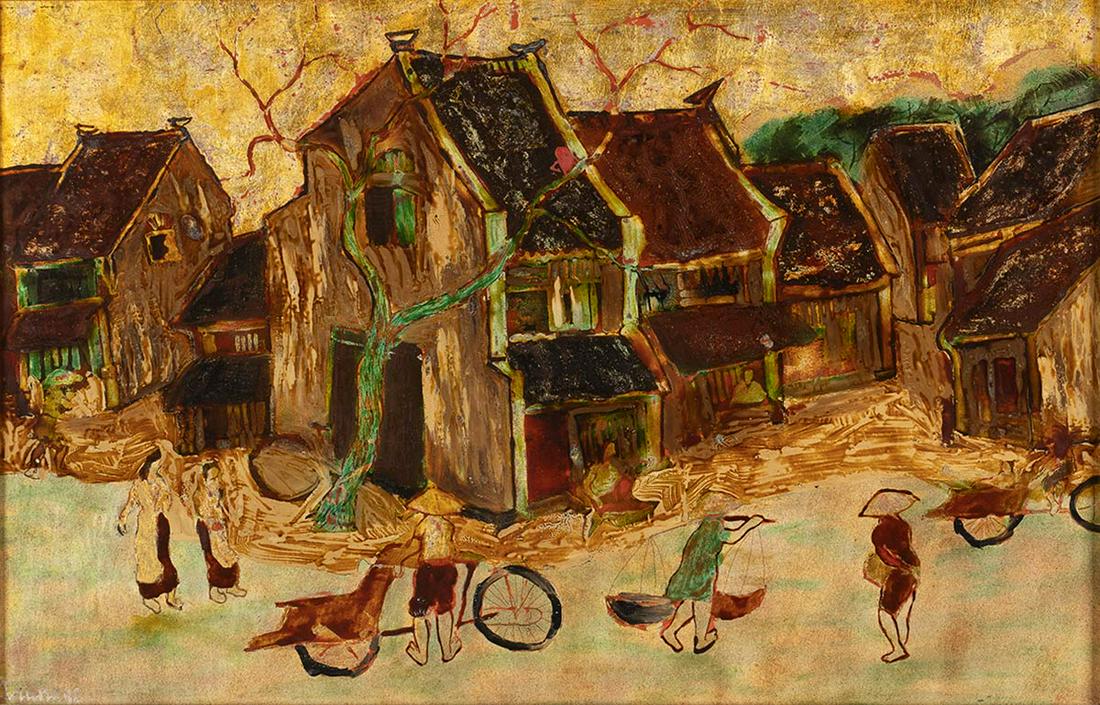 PHAM CHINH TRUNG: Vietnam, 1955-Village with figures, 1992Lacquer on wood, 31 x 48,5 cmSigned and dated on the lower left corner: â€œTrung 92”.Provenance: Lucia Fiori collection.Born in Hanoi, Pham Chin Trung