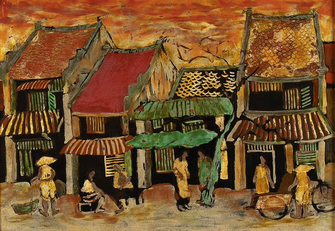 PHAM CHINH TRUNG: Vietnam, 1955-Village with figures, 1992Lacquer on wood, 33,8 x 48,6 cmSigned and dated in the lower left corner: â€œTrung 92”.Provenance: Lucia Fiori collection.Born in Hanoi, Pham Chin Tru